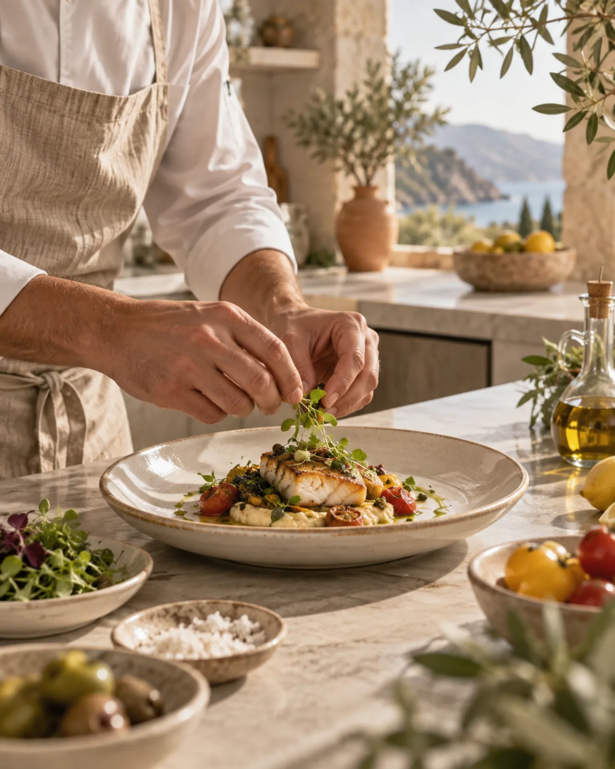 Chef plating a seasonal dish in a sunlit kitchen