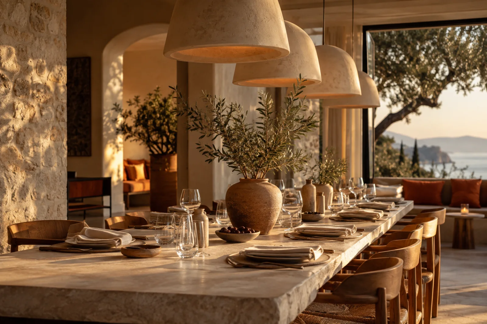 AURELIA dining room with a long stone table