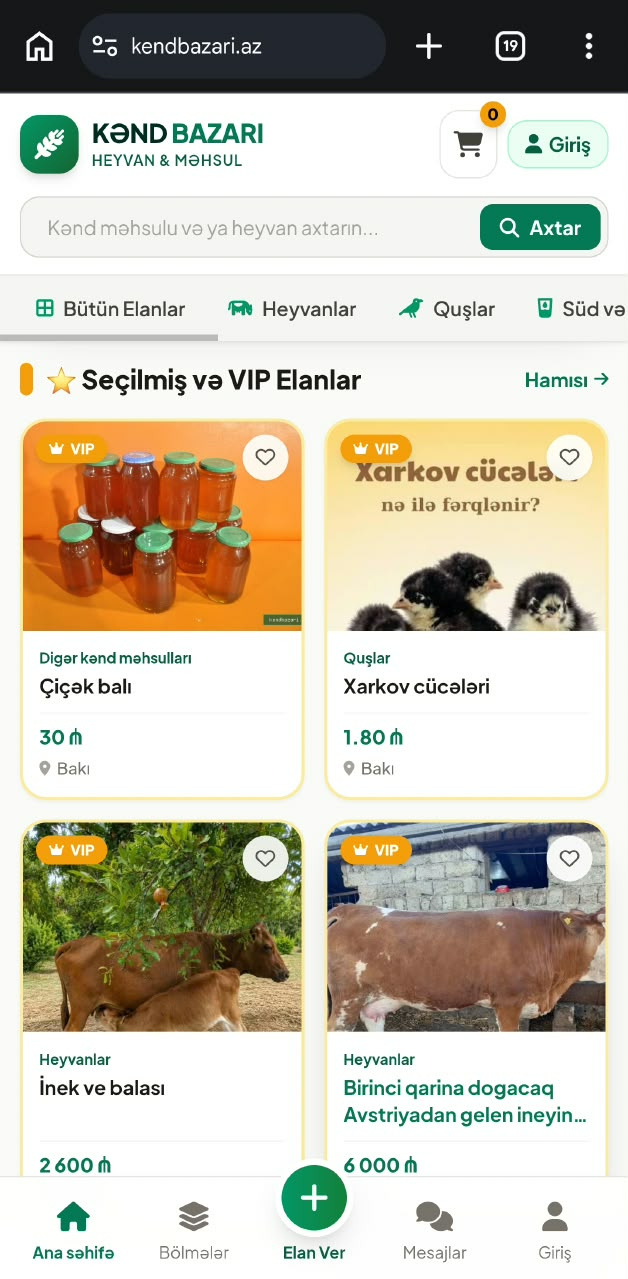 KəndBazarı.az mobil sayt interfeysi