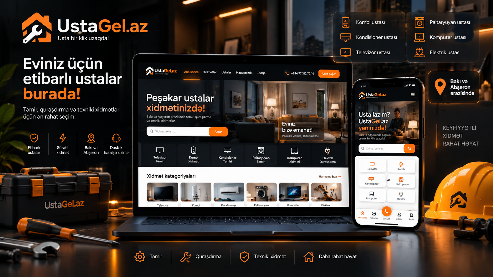 UstaGel.az xidmət platformasının masaüstü və mobil təqdimatı — Desktop təcrübəsi